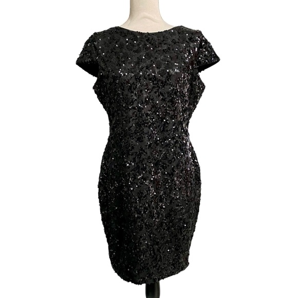 Dress the Population Black Sequin Mini Dress Cap Sleeve Cocktail LBD Size Large - Picture 1 of 13